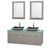 Centra 60 In. Double Vanity in Gray Oak with Green Glass Top with Black Granite Sinks and 24 In. Mirrors