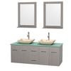 Centra 60 In. Double Vanity in Gray Oak with Green Glass Top with Ivory Sinks and 24 In. Mirrors