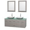 Centra 60 In. Double Vanity in Gray Oak with Green Glass Top with White Carrera Sinks and 24 In. Mirrors