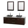 Centra 72 In. Double Vanity in Espresso with Solid SurfaceTop with Black Granite Sinks and 24 In. Mirrors