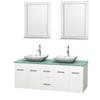 Centra 60 In. Double Vanity in White with Green Glass Top with White Carrera Sinks and 24 In. Mirrors