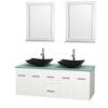 Centra 60 In. Double Vanity in White with Green Glass Top with Black Granite Sinks and 24 In. Mirrors