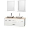 Centra 60 In. Double Vanity in White with Ivory Marble Top with White Carrera Sinks and 24 In. Mirrors