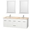 Centra 60 In. Double Vanity in White with Ivory Marble Top with Square Sink and 24 In. Mirror