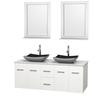 Centra 60 In. Double Vanity in White with Solid SurfaceTop with Black Granite Sinks and 24 In. Mirrors