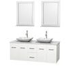 Centra 60 In. Double Vanity in White with Solid SurfaceTop with White Carrera Sinks and 24 In. Mirrors