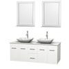 Centra 60 In. Double Vanity in White with White Carrera Top with White Carrera Sinks and 24 In. Mirrors