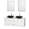 Centra 60 In. Double Vanity in White with White Carrera Top with Black Granite Sinks and 24 In. Mirrors