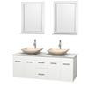 Centra 60 In. Double Vanity in White with White Carrera Top with Ivory Sinks and 24 In. Mirrors