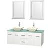 Centra 60 In. Double Vanity in White with Green Glass Top with Bone Porcelain Sinks and 24 In. Mirrors
