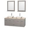 Centra 60 In. Double Vanity in Gray Oak, Ivory Marble Top, White Porcelain Sinks and 24 In. Mirrors