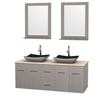 Centra 60 In. Double Vanity in Gray Oak with Ivory Marble Top with Black Granite Sinks and 24 In. Mirrors