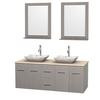 Centra 60 In. Double Vanity in Gray Oak with Ivory Marble Top with White Carrera Sinks and 24 In. Mirrors