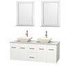 Centra 60 In. Double Vanity in White with White Carrera Top with Bone Porcelain Sinks and 24 In. Mirrors