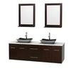 Centra 72 In. Double Vanity in Espresso with White Carrera Top with Black Granite Sinks and 24 In. Mirrors