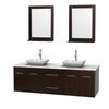 Centra 72 In. Double Vanity in Espresso with White Carrera Top with White Carrera Sinks and 24 In. Mirrors