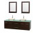 Centra 72 In. Double Vanity in Espresso with Green Glass Top with Bone Porcelain Sinks and 24 In. Mirrors