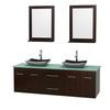 Centra 72 In. Double Vanity in Espresso with Green Glass Top with Black Granite Sinks and 24 In. Mirrors
