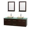 Centra 72 In. Double Vanity in Espresso with Green Glass Top with Ivory Sinks and 24 In. Mirrors