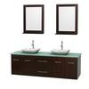 Centra 72 In. Double Vanity in Espresso with Green Glass Top with White Carrera Sinks and 24 In. Mirrors