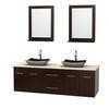 Centra 72 In. Double Vanity in Espresso with Ivory Marble Top with Black Granite Sinks and 24 In. Mirrors