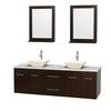Centra 72 In. Double Vanity in Espresso, White Carrera Top, Bone Porcelain Sinks and 24 In. Mirrors