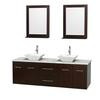 Centra 72 In. Double Vanity in Espresso, White Carrera Top, White Porcelain Sinks and 24 In. Mirrors