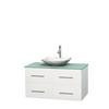Centra 42 In. Single Vanity in White with Green Glass Top with White Carrera Sink and No Mirror