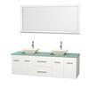 Centra 72 In. Double Vanity in White with Green Glass Top with Bone Porcelain Sinks and 70 In. Mirror