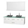 Centra 72 In. Double Vanity in White with Green Glass Top with Black Granite Sinks and 70 In. Mirror