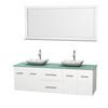 Centra 72 In. Double Vanity in White with Green Glass Top with White Carrera Sinks and 70 In. Mirror