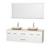 Centra 72 In. Double Vanity in White with Ivory Marble Top with White Carrera Sinks and 70 In. Mirror
