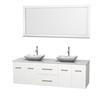 Centra 72 In. Double Vanity in White with Solid SurfaceTop with White Carrera Sinks and 70 In. Mirror