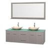 Centra 72 In. Double Vanity in Gray Oak with Green Glass Top with Ivory Sinks and 70 In. Mirror