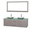 Centra 72 In. Double Vanity in Gray Oak with Green Glass Top with White Carrera Sinks and 70 In. Mirror