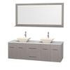 Centra 72 In. Double Vanity in Gray Oak with Solid SurfaceTop with Bone Porcelain Sinks and 70 In. Mirror