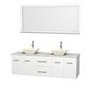 Centra 72 In. Double Vanity in White with White Carrera Top with Bone Porcelain Sinks and 70 In. Mirror