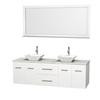 Centra 72 In. Double Vanity in White with White Carrera Top with White Porcelain Sinks and 70 In. Mirror