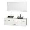 Centra 72 In. Double Vanity in White with White Carrera Top with Black Granite Sinks and 70 In. Mirror