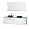 Centra 80 In. Double Vanity in White with Green Glass Top with Black Granite Sinks and 70 In. Mirror