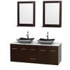 Centra 60 In. Double Vanity in Espresso with White Carrera Top with Black Granite Sinks and 24 In. Mirrors