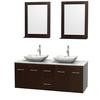 Centra 60 In. Double Vanity in Espresso with White Carrera Top with White Carrera Sinks and 24 In. Mirrors