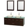 Centra 60 In. Double Vanity in Espresso with Green Glass Top with Bone Porcelain Sinks and 24 In. Mirrors