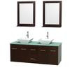 Centra 60 In. Double Vanity in Espresso with Green Glass Top with White Porcelain Sinks and 24 In. Mirrors