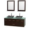 Centra 60 In. Double Vanity in Espresso with Green Glass Top with Black Granite Sinks and 24 In. Mirrors