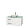 Centra 42 In. Single Vanity in White with Green Glass Top with Bone Porcelain Sink and No Mirror