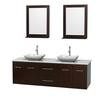 Centra 72 In. Double Vanity in Espresso with Solid SurfaceTop with White Carrera Sinks and 24 In. Mirrors