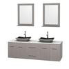 Centra 72 In. Double Vanity in Gray Oak with White Carrera Top with Black Granite Sinks and 24 In. Mirrors