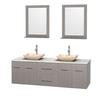 Centra 72 In. Double Vanity in Gray Oak with White Carrera Top with Ivory Sinks and 24 In. Mirrors