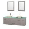 Centra 72 In. Double Vanity in Gray Oak with Green Glass Top with Bone Porcelain Sinks and 24 In. Mirrors